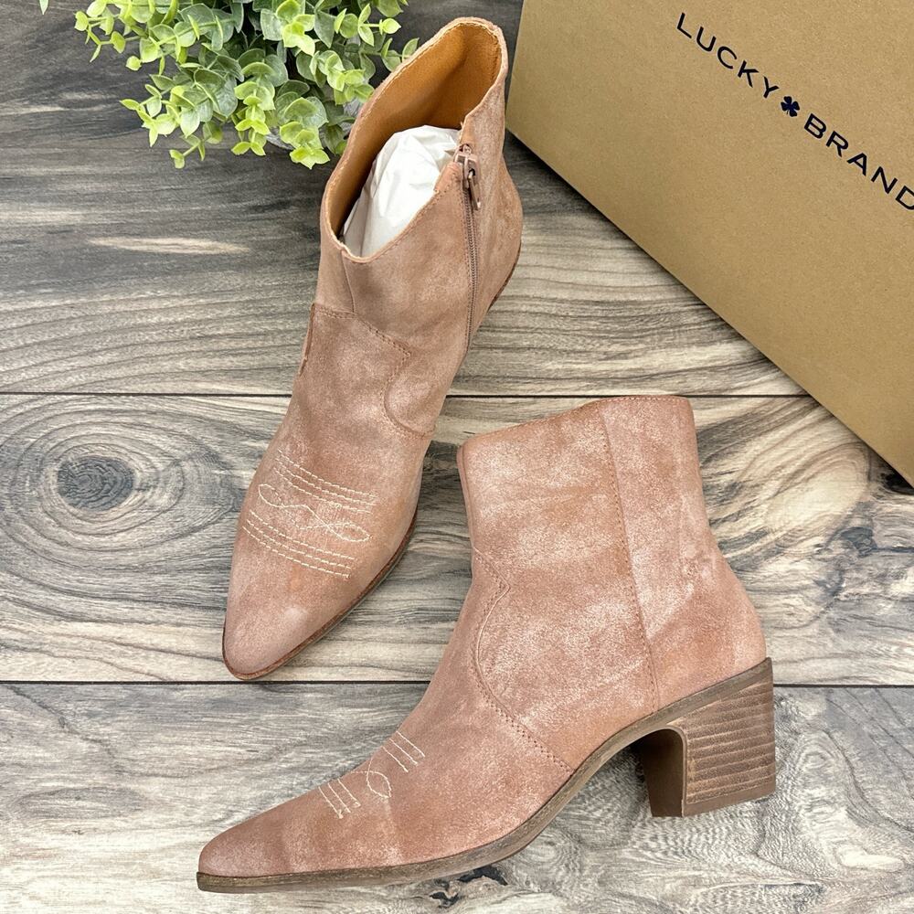 Lucky Brand GODDIY 8.5M Western Suede Leather Ankle Bootie Roasted White Brush